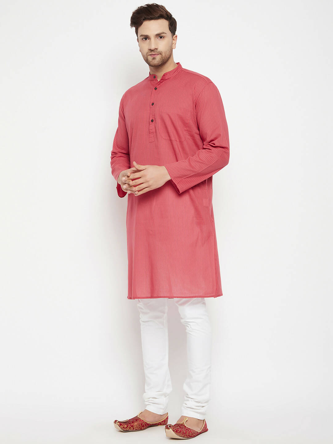 Even Apparels Rust Pure Cotton Long Men's Kurta With Band Collar - Distacart