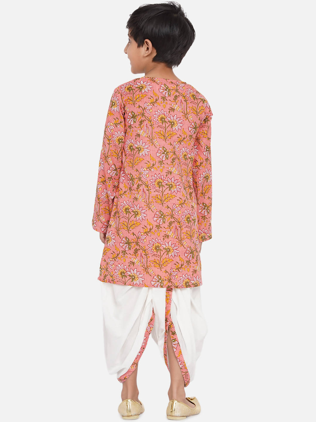 Little Bansi Bengali Kantha work floral kurta with Dhoti - Pink and White