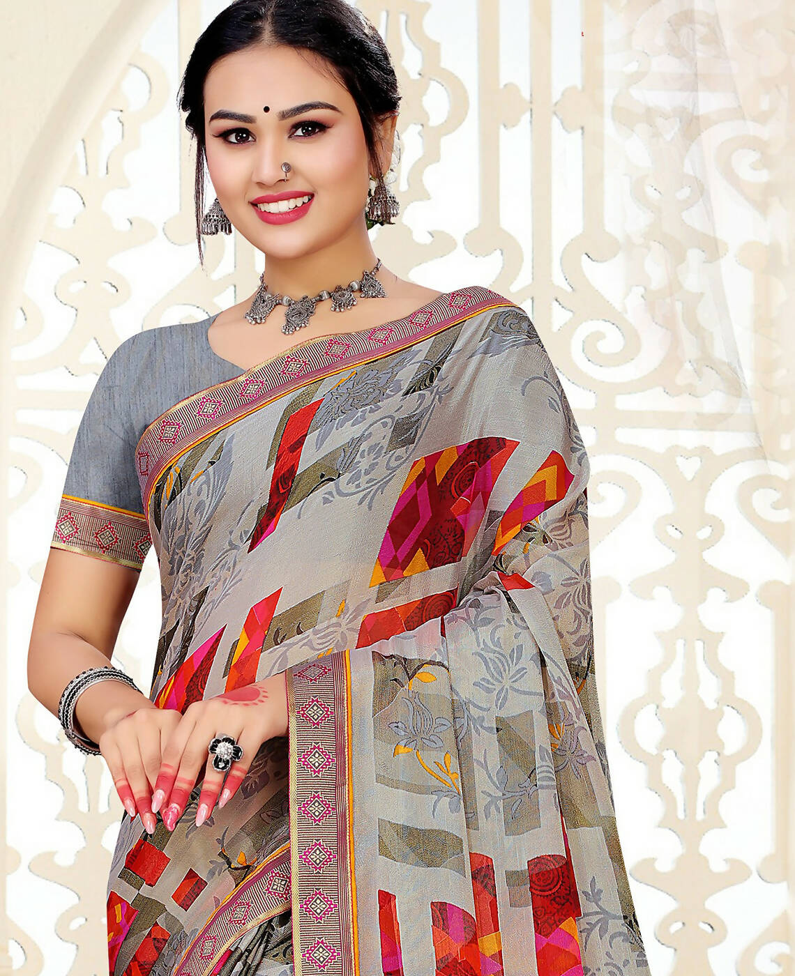 Grey Chiffon Brasso Printed Saree With Unstitched Blouse Piece - Jyoti - Distacart
