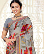 Thumbnail for Grey Chiffon Brasso Printed Saree With Unstitched Blouse Piece - Jyoti - Distacart