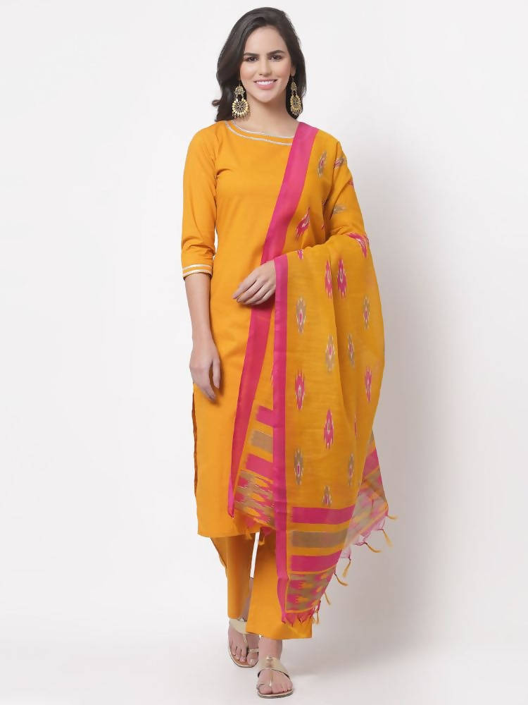 Myshka Women's Cotton 3/4 Sleeve Round Neck Casual Kurta Pant Dupatta Set