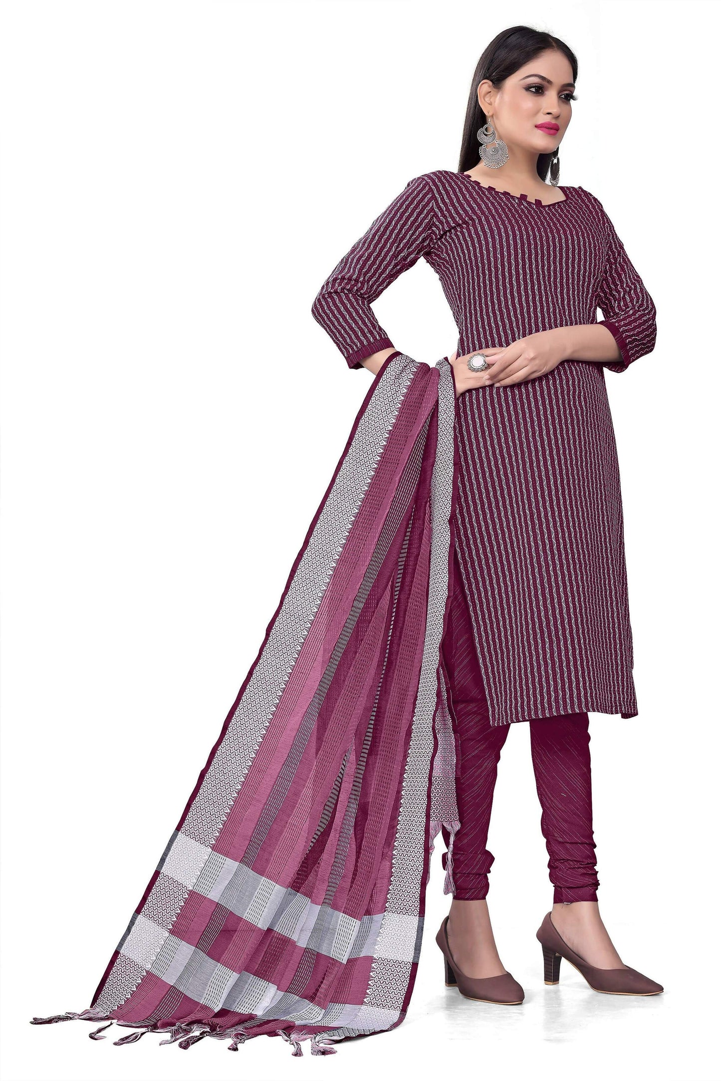 Wine Cotton Jacquard Woven Unstitched Dress Material - Amara - Distacart