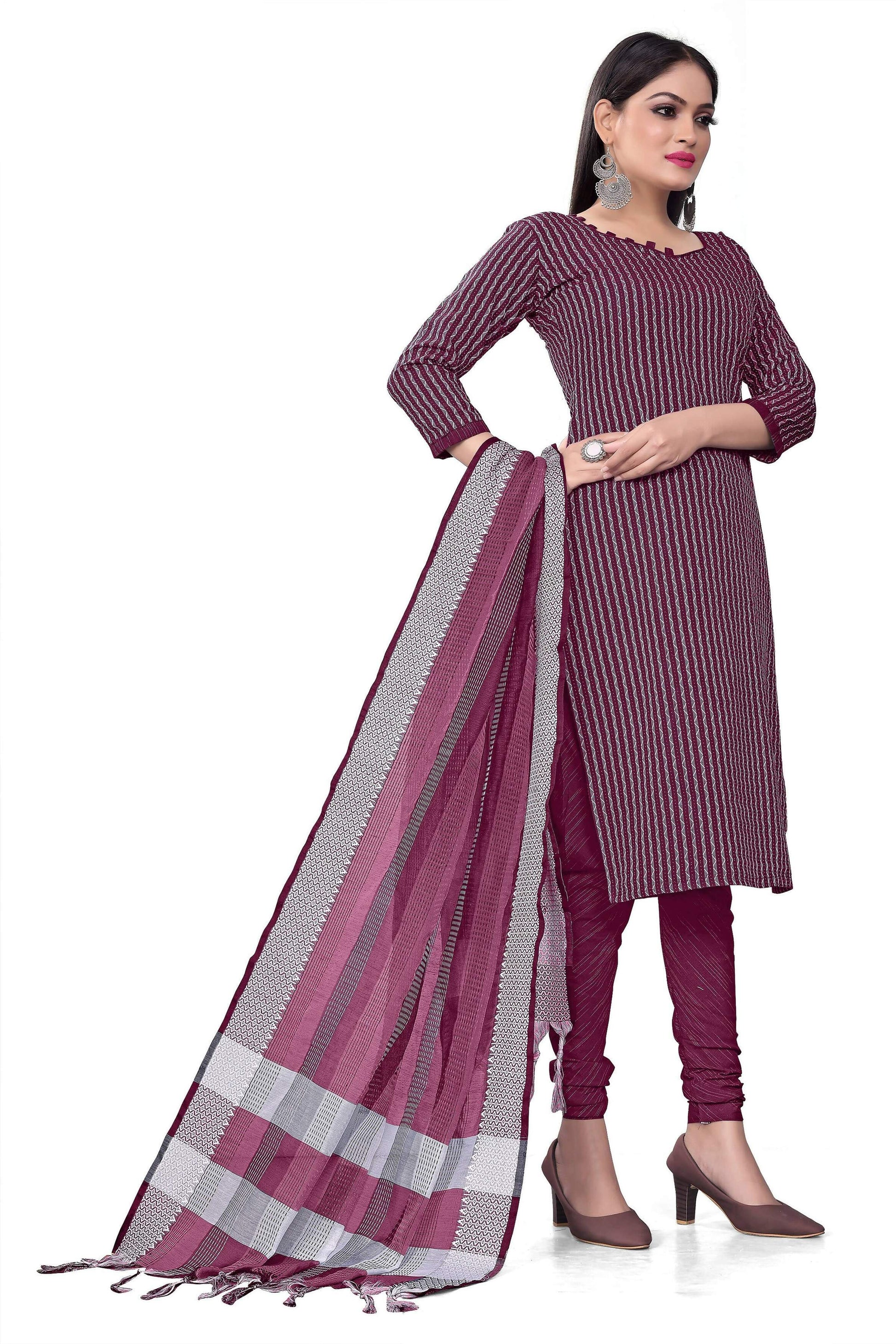 Wine Cotton Jacquard Woven Unstitched Dress Material - Amara - Distacart