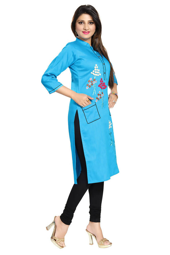 Snehal Creations Raw Silk Embroidery Blue Straight Tunic
