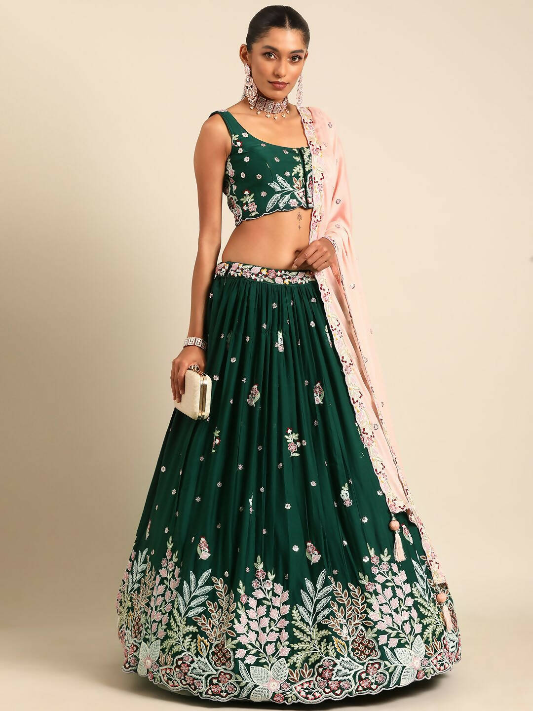 House of Panchhi Green Georgette Sequins and thread embroidery Lehenga choli & Dupatta - Distacart
