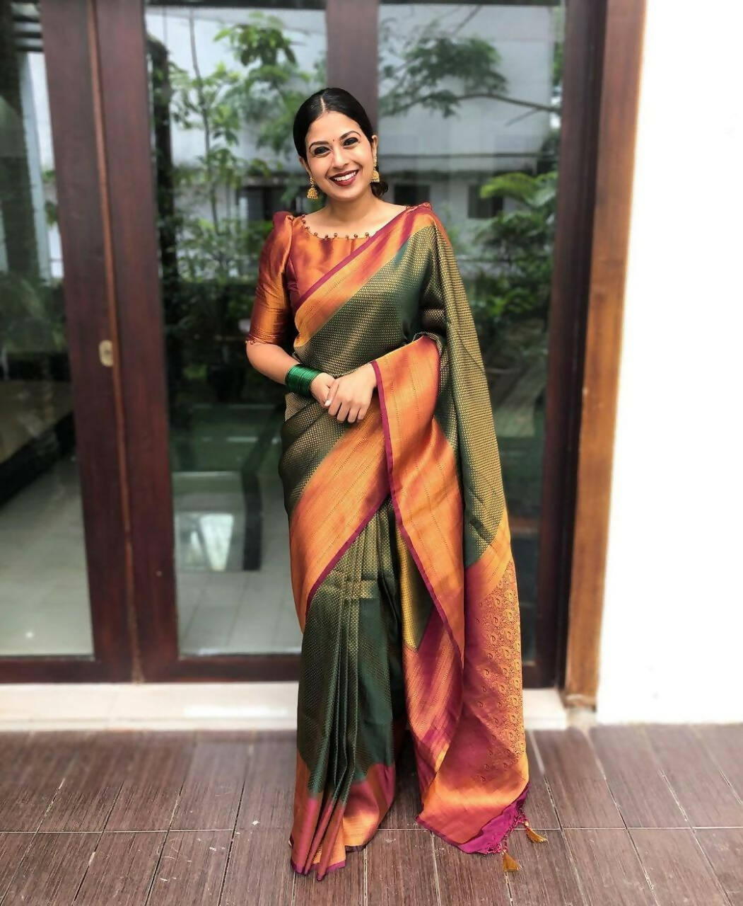 DEIANA'S Beautiful Golden Jari with New Design Soft Lichi Silk Saree - B Green - Distacart