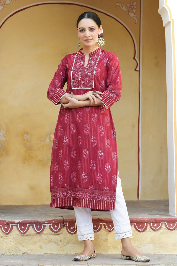 Juniper Women's Marron Cotton Cambric Floral Printed Straight Kurta - Distacart