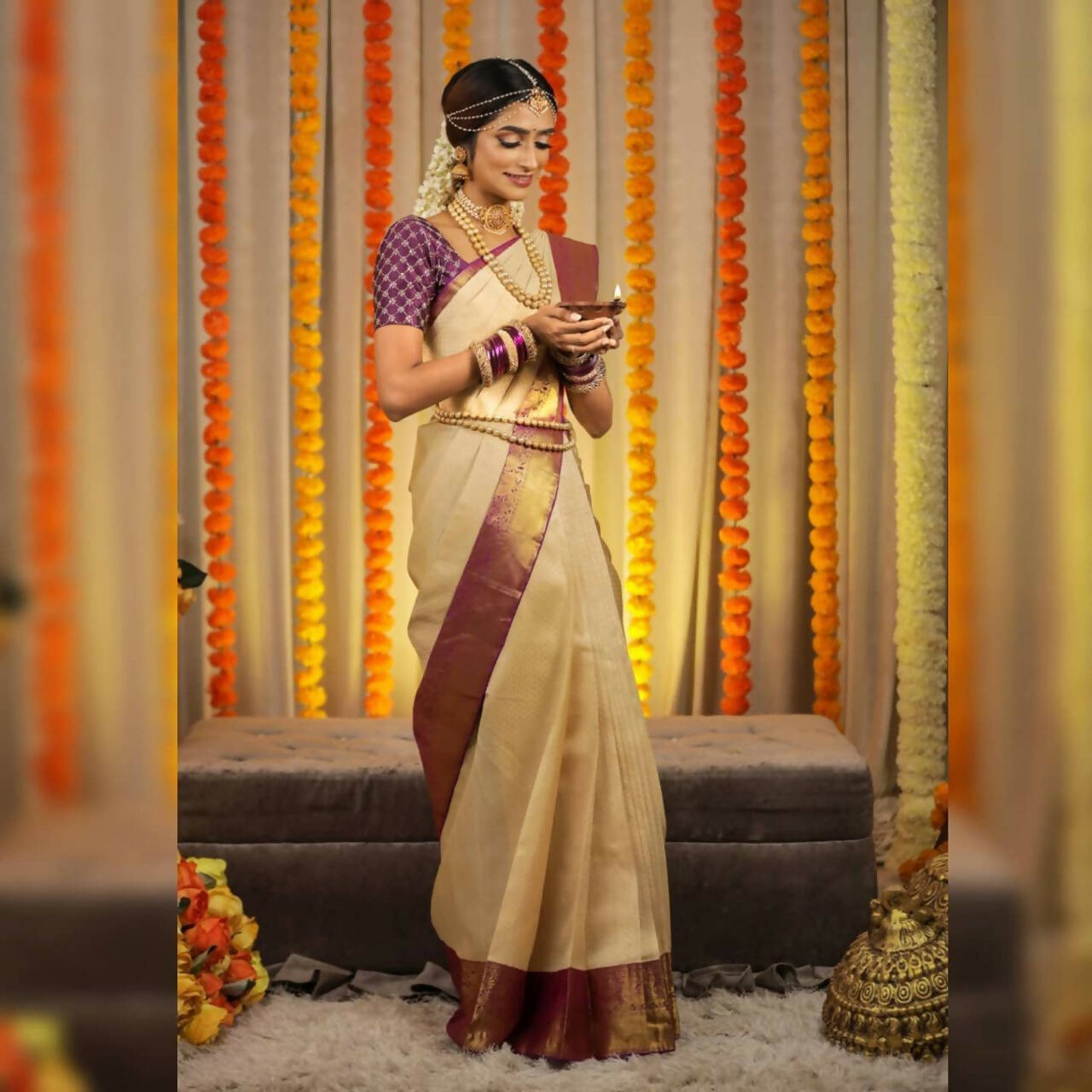DEIANA'S Beautiful Golden Jari with New Design Soft Lichi Silk Saree - Cream - Distacart
