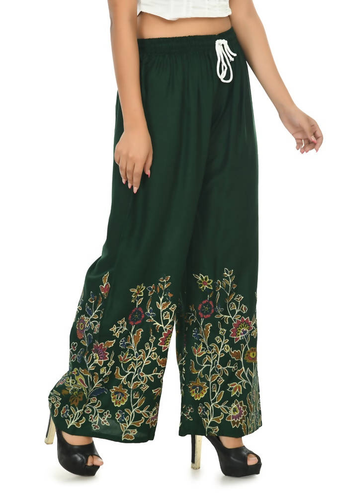 Mominos Fashion Moeza Reyon Cotton Bottle Green Floral Palazzo
