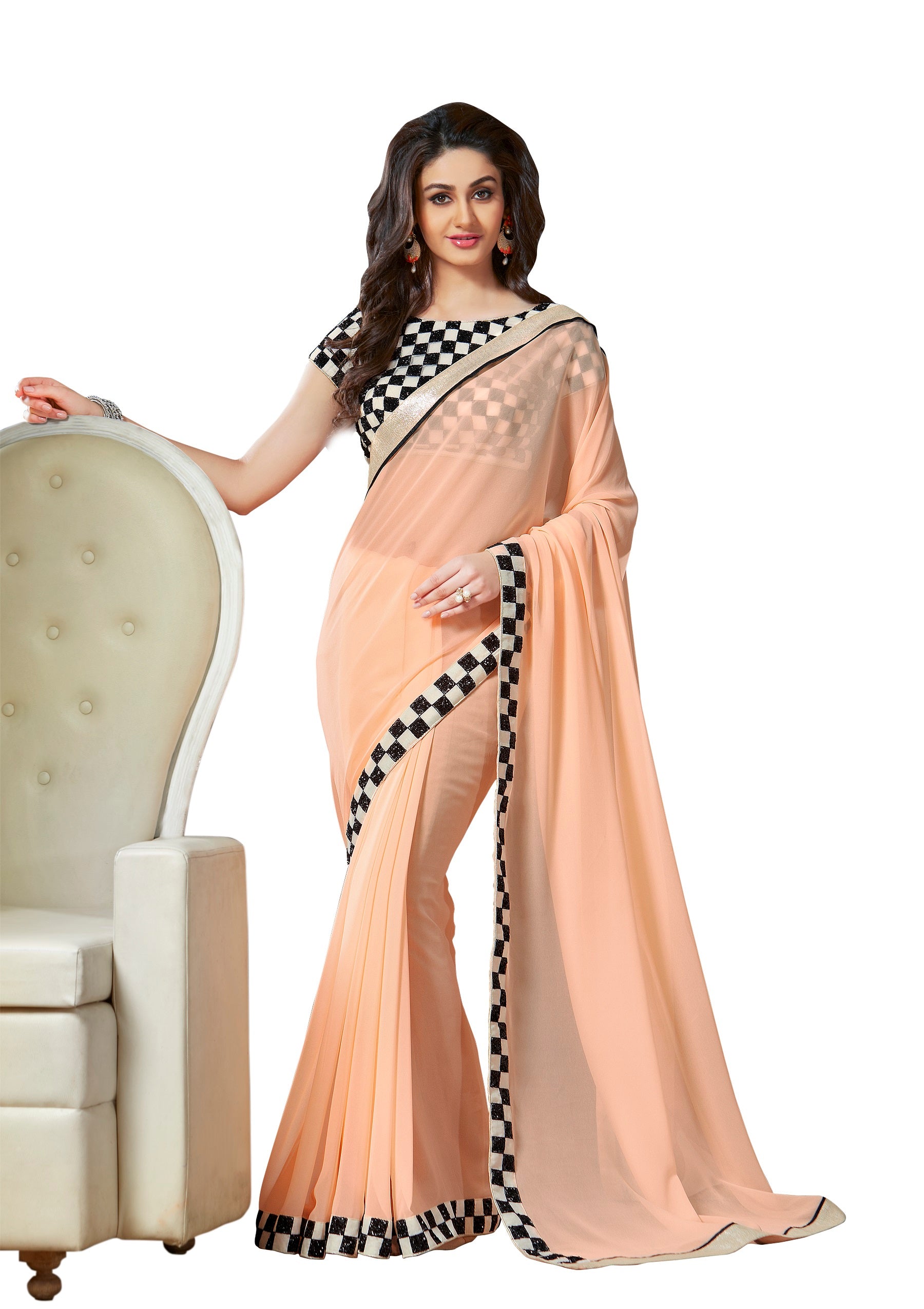 Vamika Peach Designer Georgette Embroidery Saree - Distacart