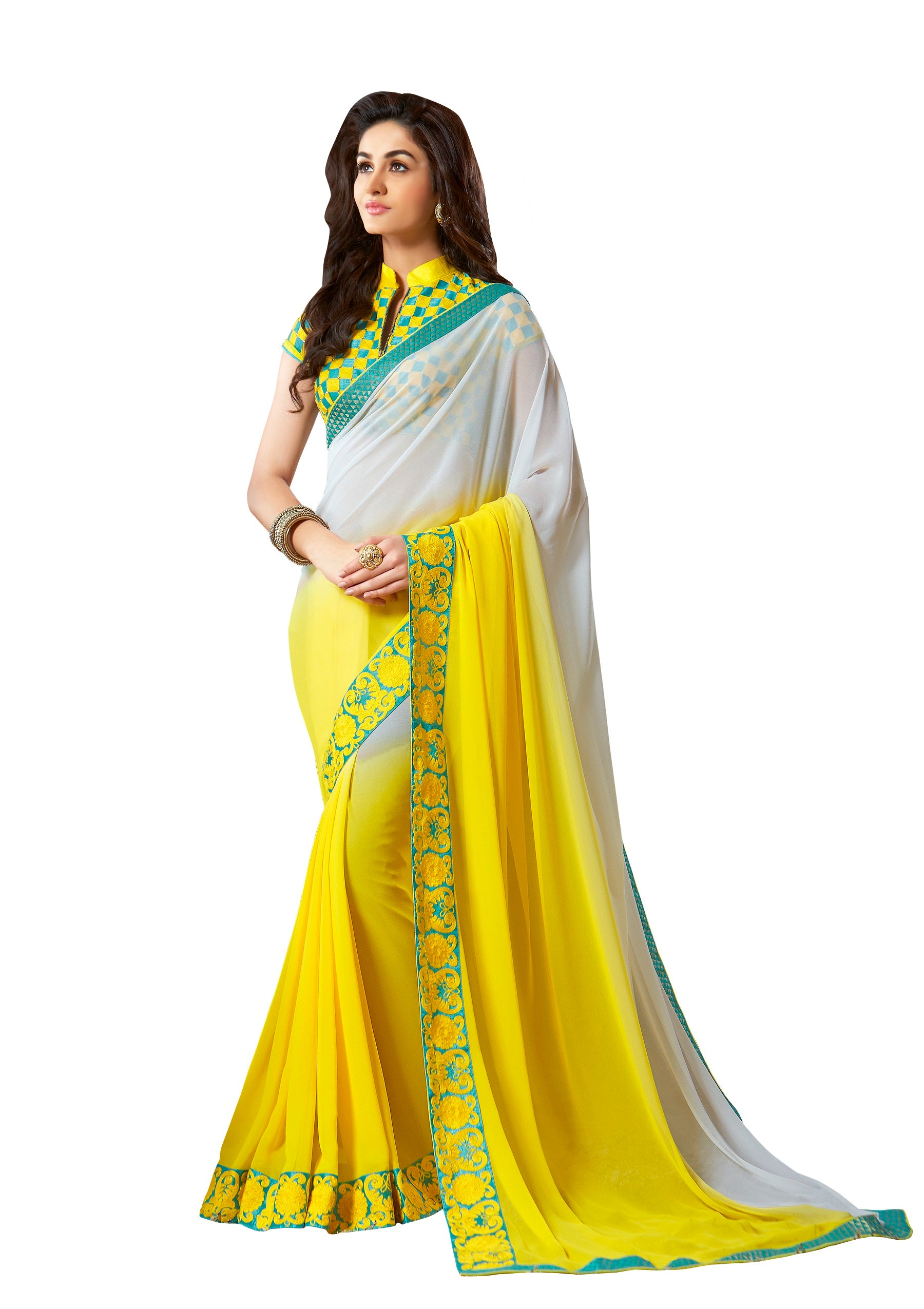 Vamika White & Yellow Designer Georgette Embroidery Saree - Distacart