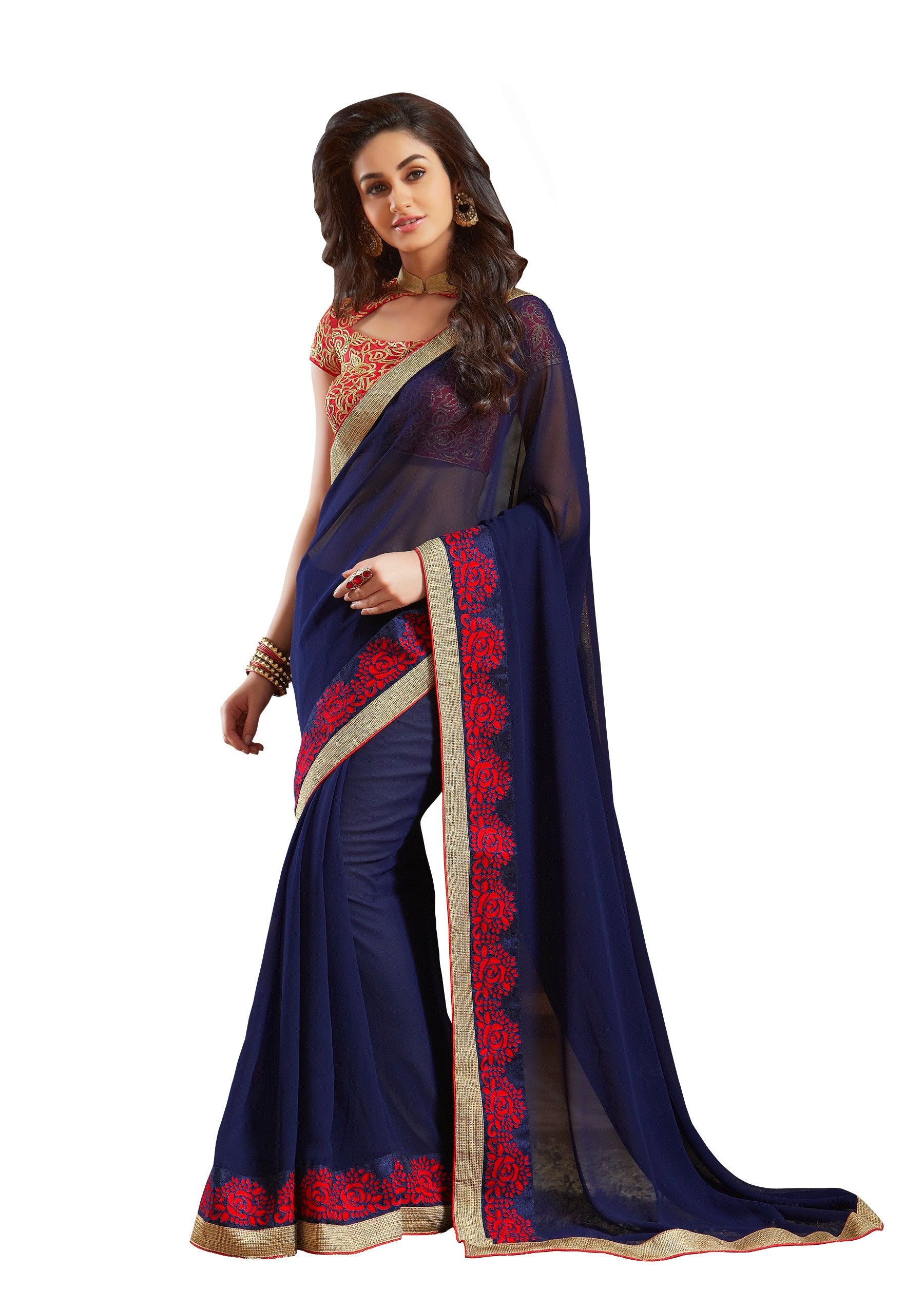 Vamika Navy Blue Designer Georgette Embroidery Saree - Distacart