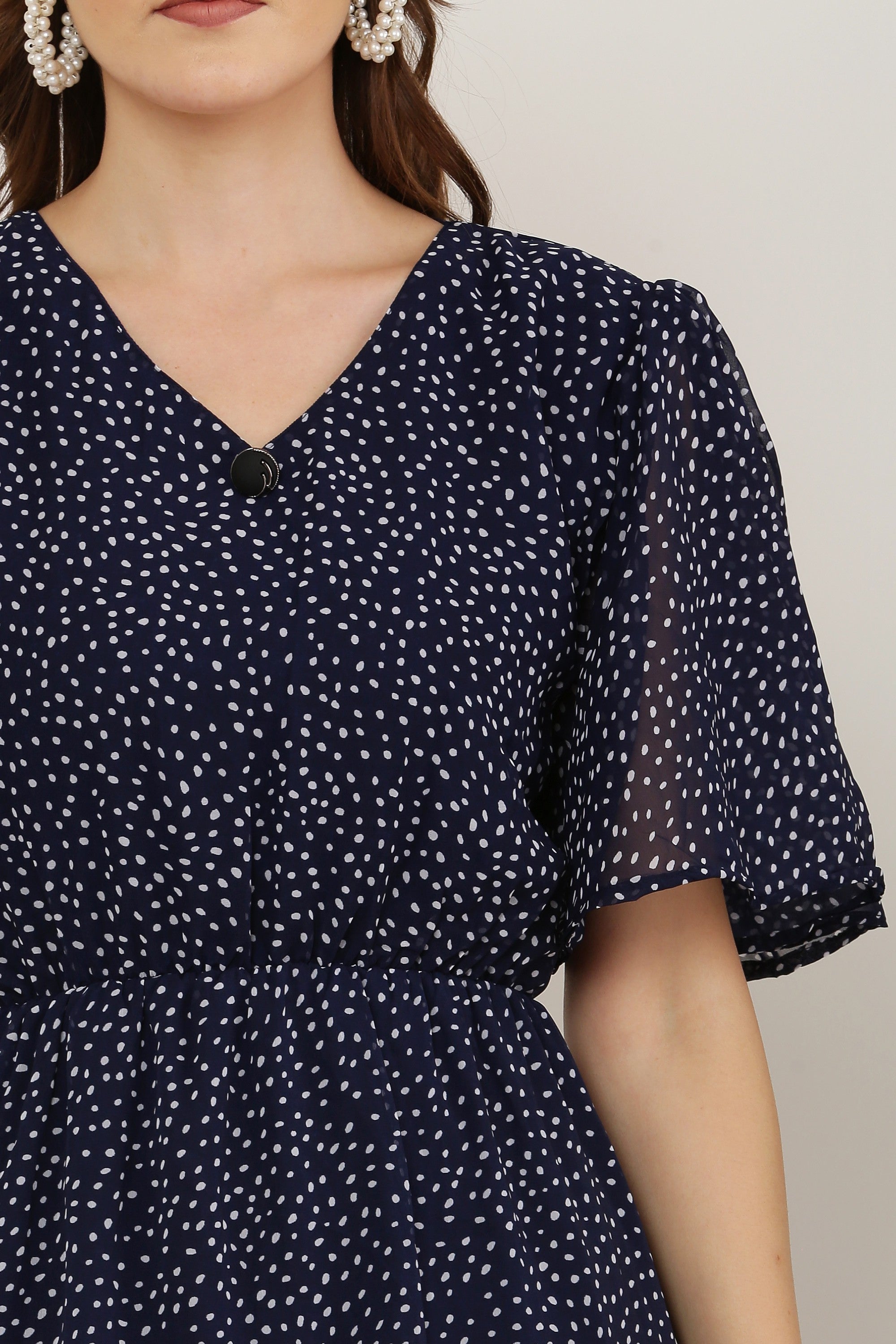 PAVONINE Micro Dots V-Neck Georgette Fabric Navy Blue Dress For Women - Distacart