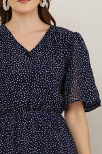 Thumbnail for PAVONINE Micro Dots V-Neck Georgette Fabric Navy Blue Dress For Women - Distacart