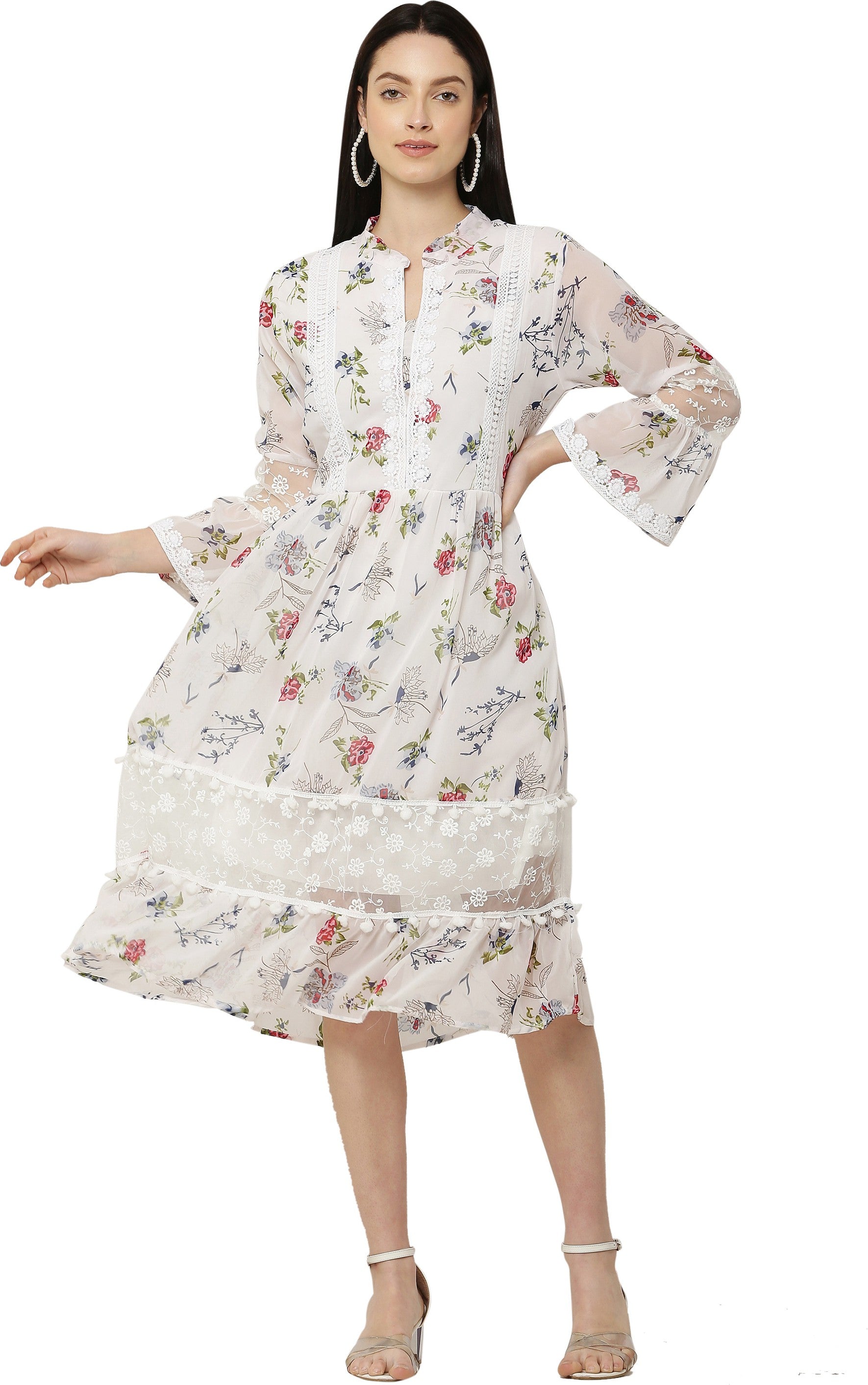 PAVONINE White Color Flower Printed Lace Bottom Dress For Girls & Women - Distacart