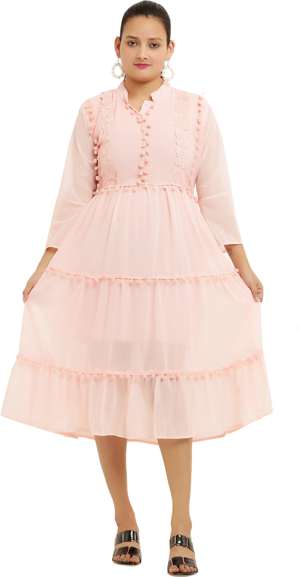 PAVONINE Pum Pum & Lace Inserted Pink Color Dress For Girls & Women - Distacart