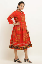 Thumbnail for PAVONINE Jaipuri Block Print Red Color Dress For Girls & Women - Distacart