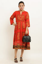 Thumbnail for PAVONINE Jaipuri Block Print Red Color Dress For Girls & Women - Distacart