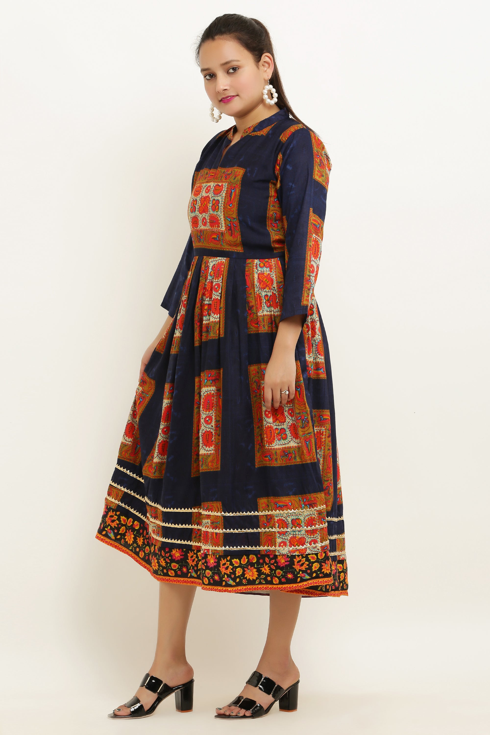PAVONINE Jaipuri Block Print Navy Blue Color Dress For Girls & Women - Distacart