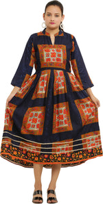 Thumbnail for PAVONINE Jaipuri Block Print Navy Blue Color Dress For Girls & Women - Distacart