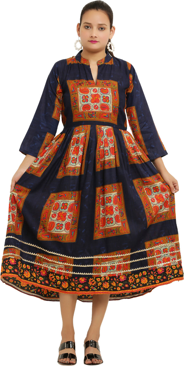 PAVONINE Jaipuri Block Print Navy Blue Color Dress For Girls & Women - Distacart