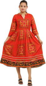 Thumbnail for PAVONINE Jaipuri Block Print Red Color Dress For Girls & Women - Distacart