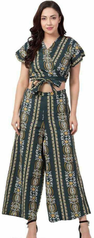 PAVONINE Bottle Green Color Printed Crop Top And Flared Palazzo Set For Girls & Women - Distacart