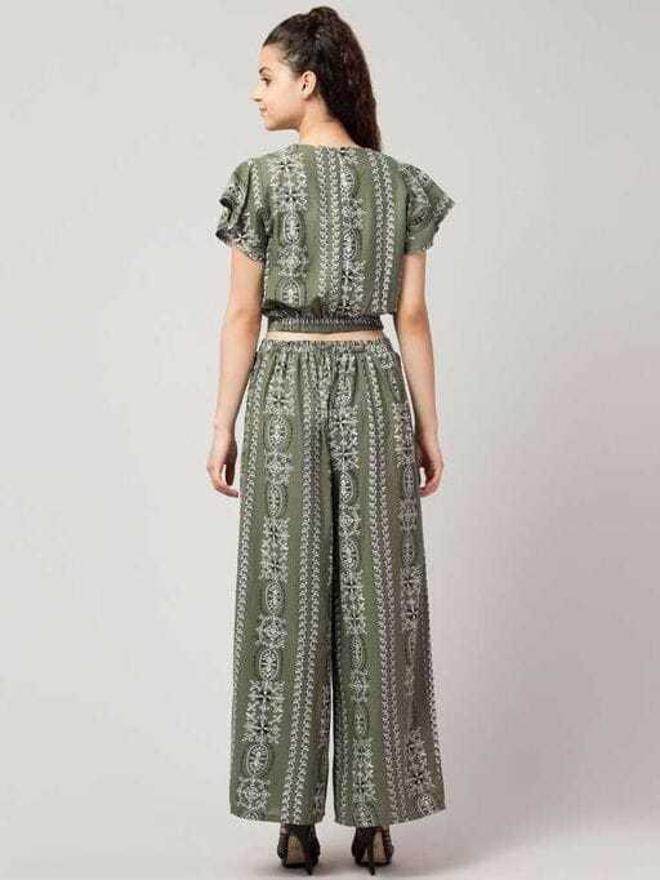 PAVONINE Pista Green Color Printed Crop Top And Flared Palazzo Set For Girls & Women - Distacart