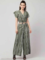 Thumbnail for PAVONINE Pista Green Color Printed Crop Top And Flared Palazzo Set For Girls & Women - Distacart