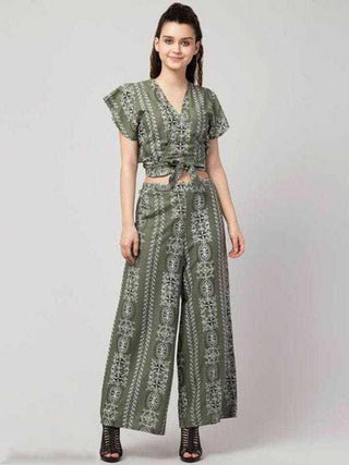 PAVONINE Pista Green Color Printed Crop Top And Flared Palazzo Set For Girls & Women - Distacart
