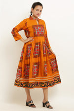 Thumbnail for PAVONINE Jaipuri Block Print Mustard Color Dress For Girls & Women - Distacart
