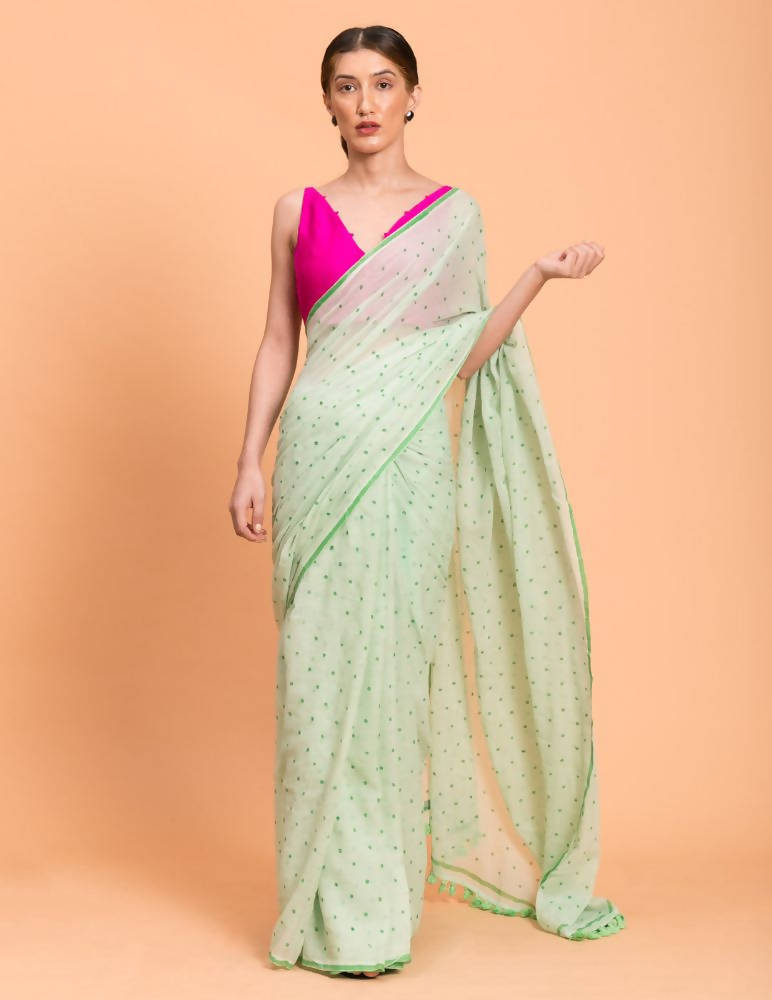 Suta Lime Green Polka Printed Pure Cotton Saree - Distacart