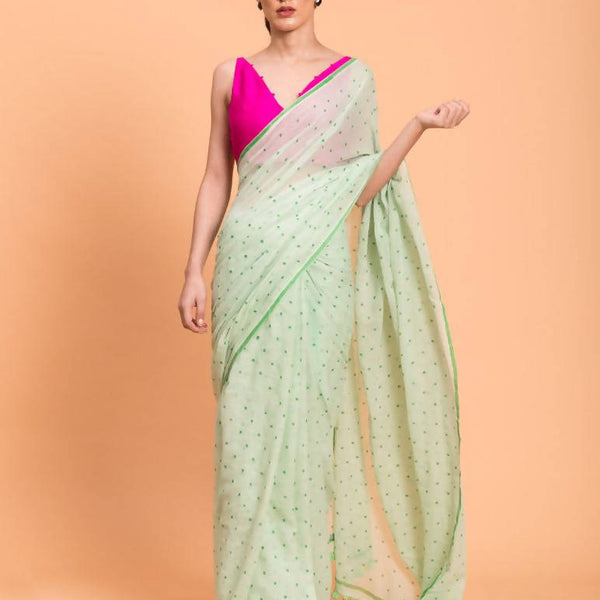 Suta Lime Green Polka Printed Pure Cotton Saree - Distacart