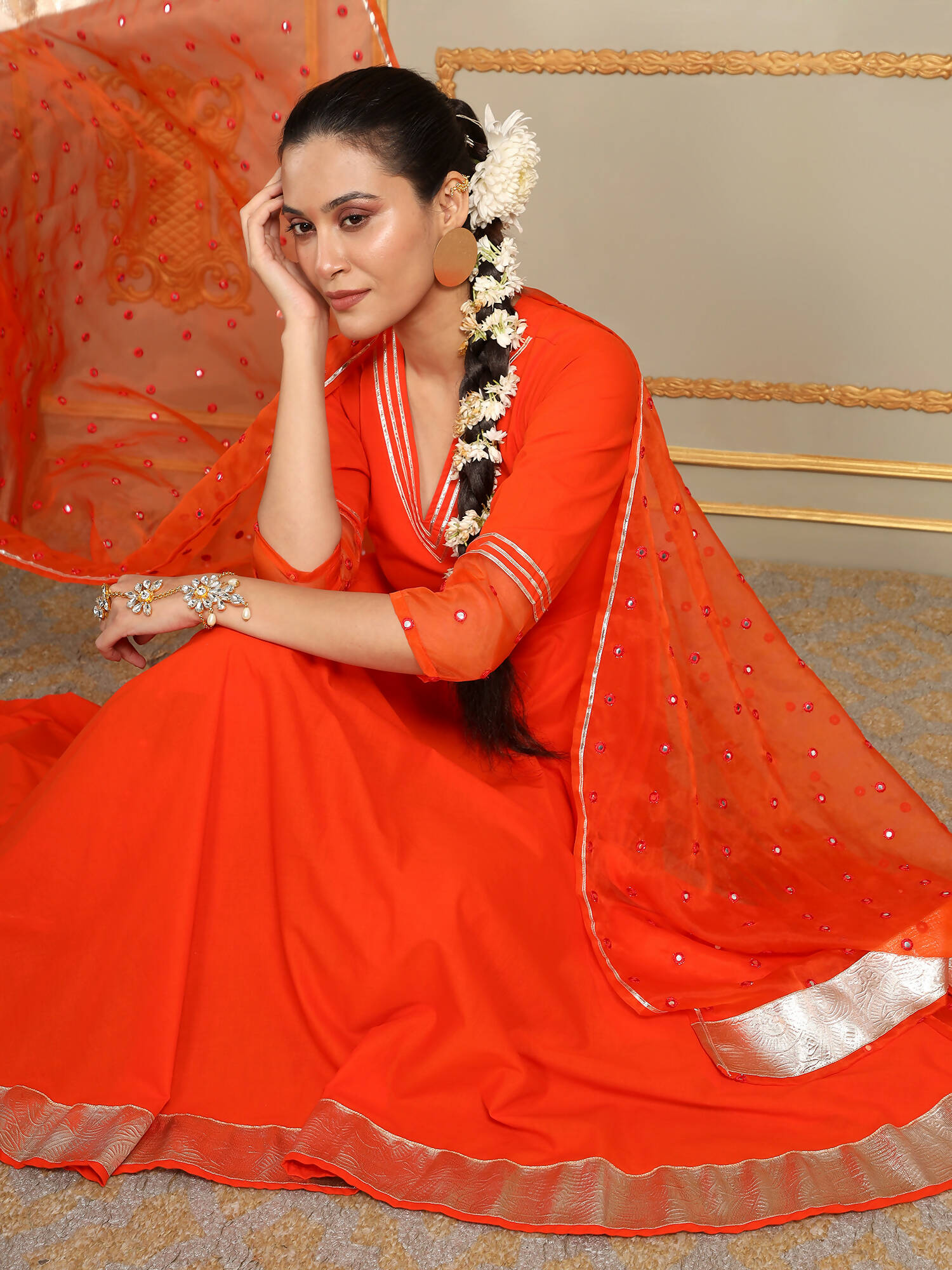 Pomcha Jaipur Orange Saadgi Orange Mirror Work Anarkali Set - Distacart