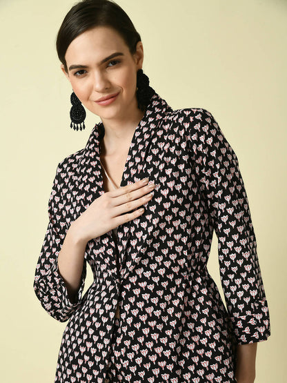 Myshka Women's Black Cotton Printed jacket - Distacart