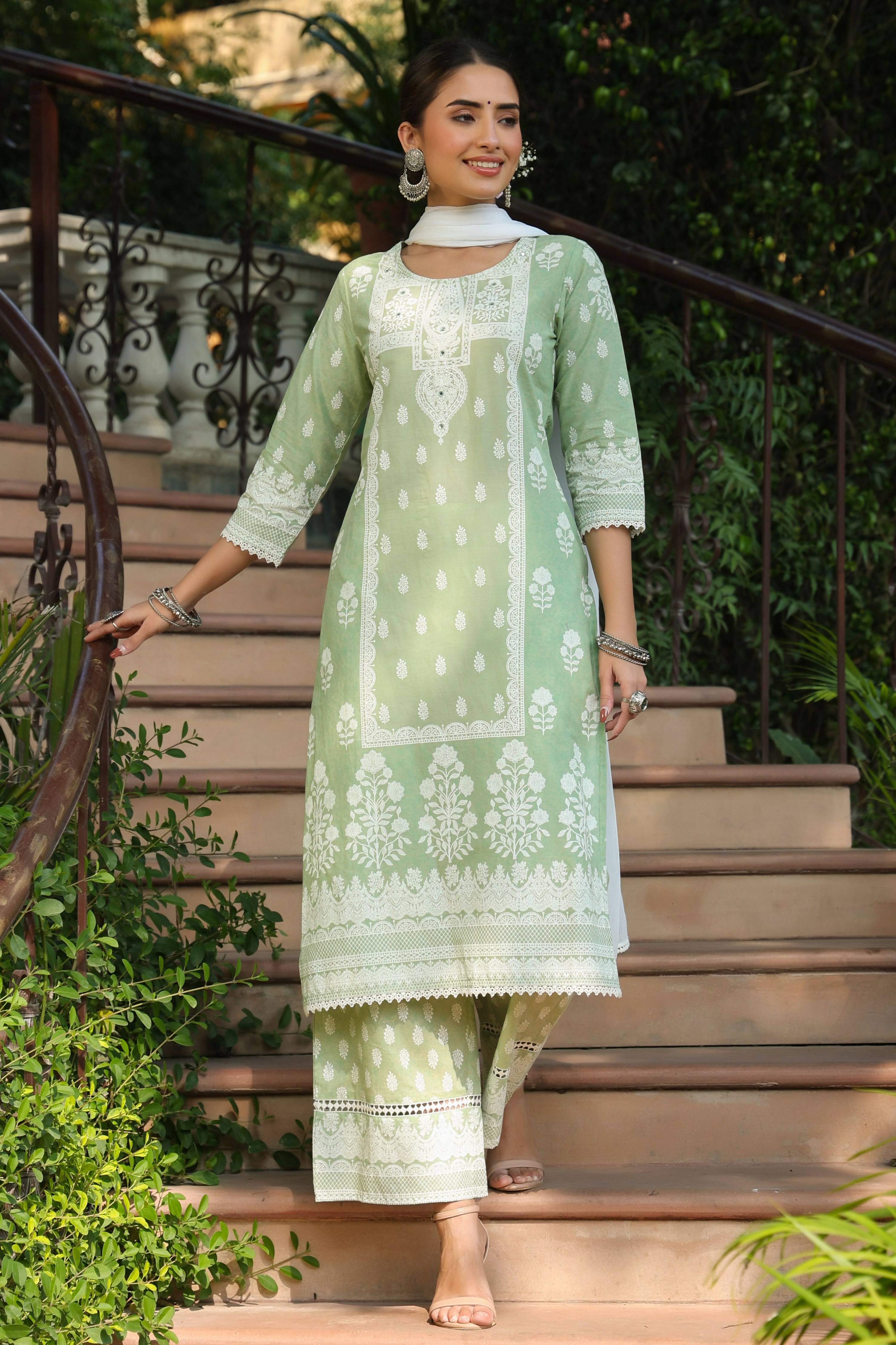 Juniper Women's Green Cambric Printed Straight Kurta Sets - Distacart