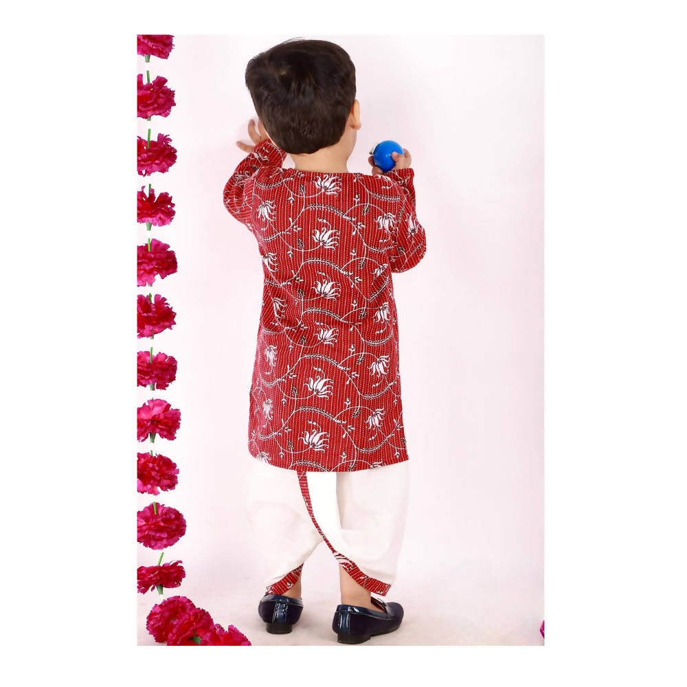 Little Bansi Brown and White Color Bengali Kantha work floral kurta with Dhoti