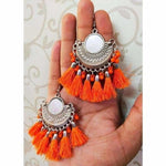 Thumbnail for Half Moon Chandbali Orange Color Silk Threads Mirror Tassel Silver Earrings