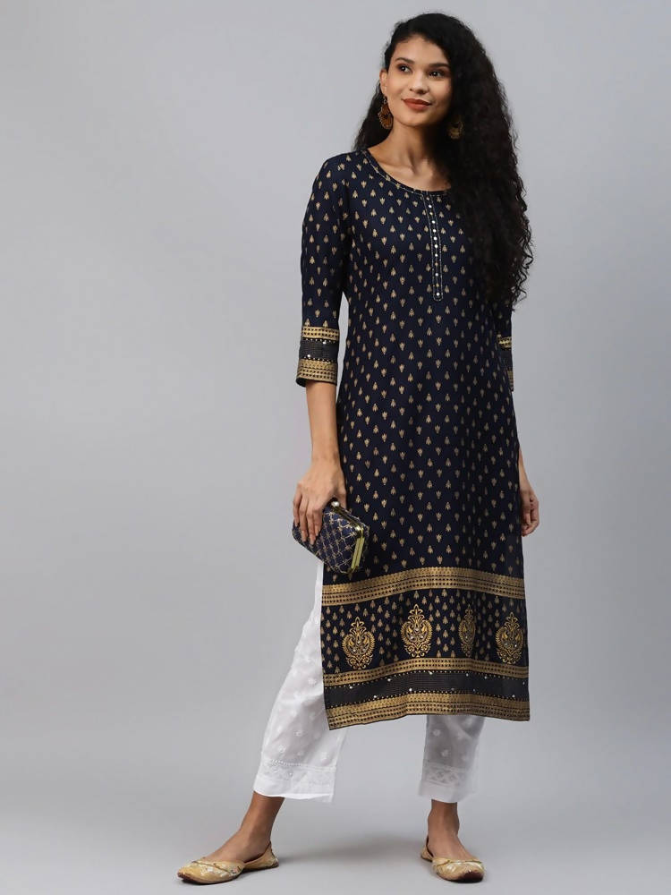 Yufta Women Navy Blue Golden Print Kurta