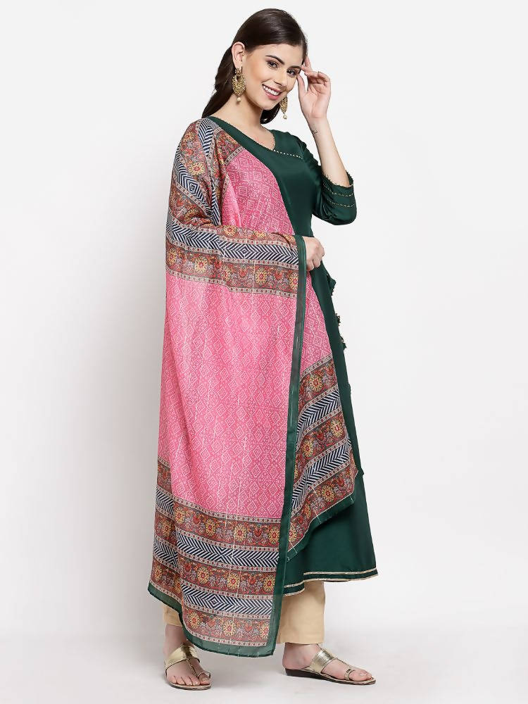 Myshka Women's Green Cotton Solid 3/4 Sleeve V Neck Casual Kurta Dupatta Set