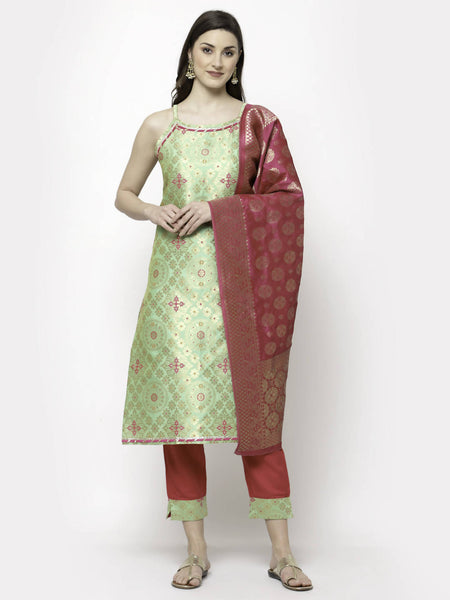 Myshka Green Jacard Printed Sleeveless Round Neck Kurta Pant Dupatta Set