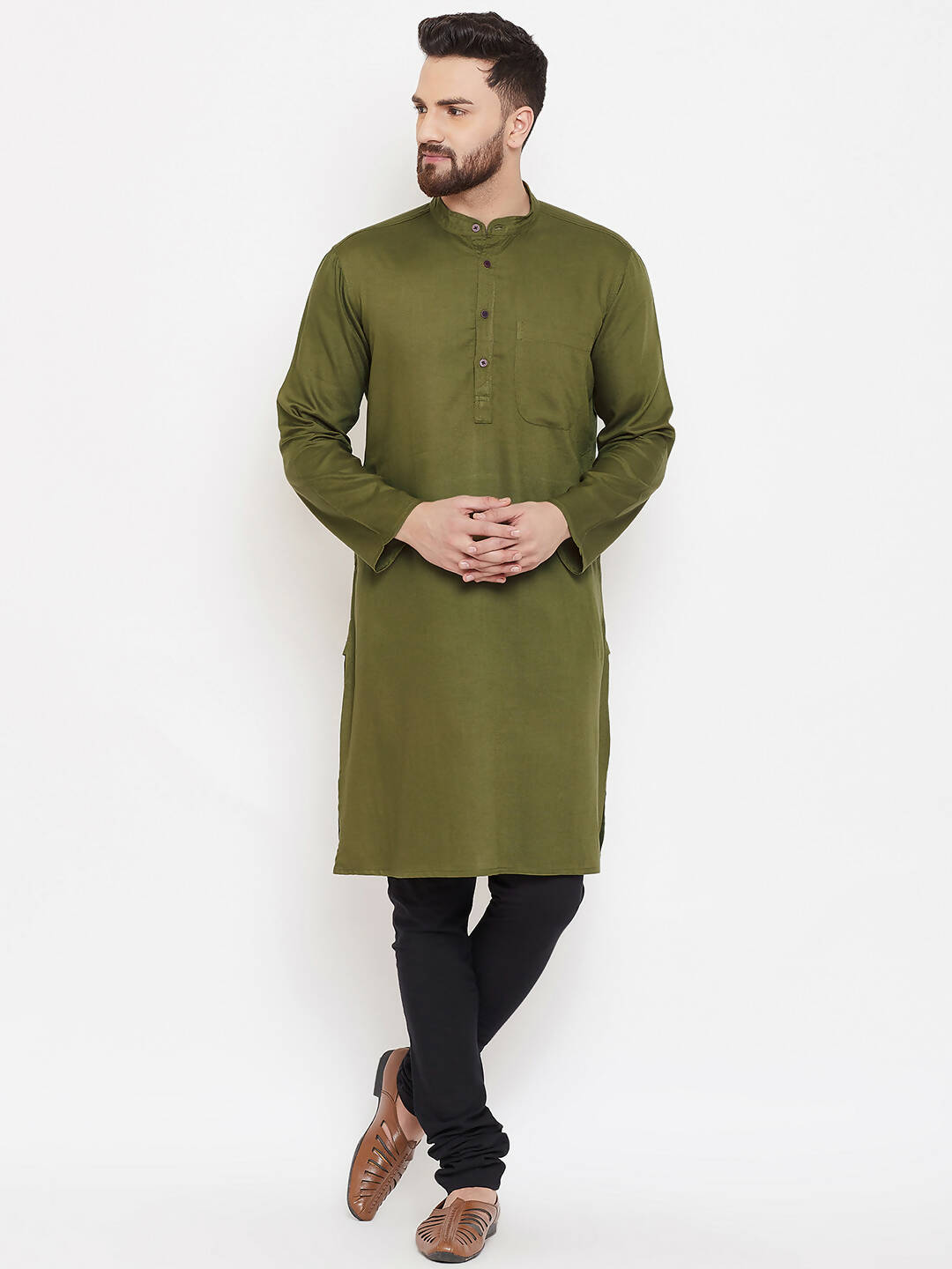 Even Apparels Green Linen Men's Kurta With Band Collar - Distacart