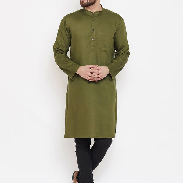 Even Apparels Green Linen Men's Kurta With Band Collar - Distacart
