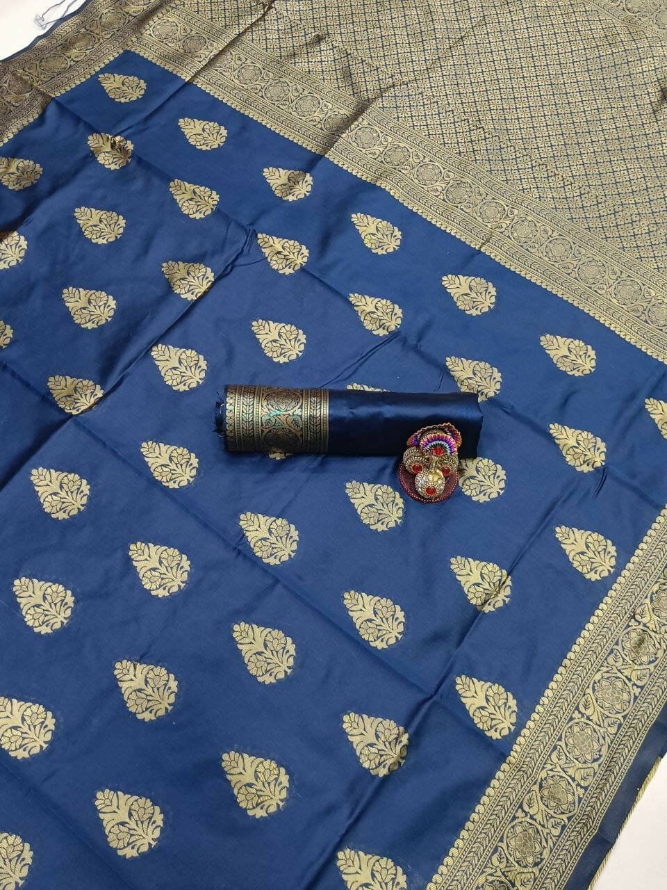 DEIANA'S Beautiful Golden Jari with New Design Soft Lichi Silk Saree - Navy Blue - Distacart