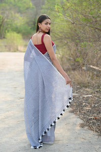 Thumbnail for Very Much Indian Designer Pure Cotton Saree With All Over Linear Stripes - Sage Grey - Distacart