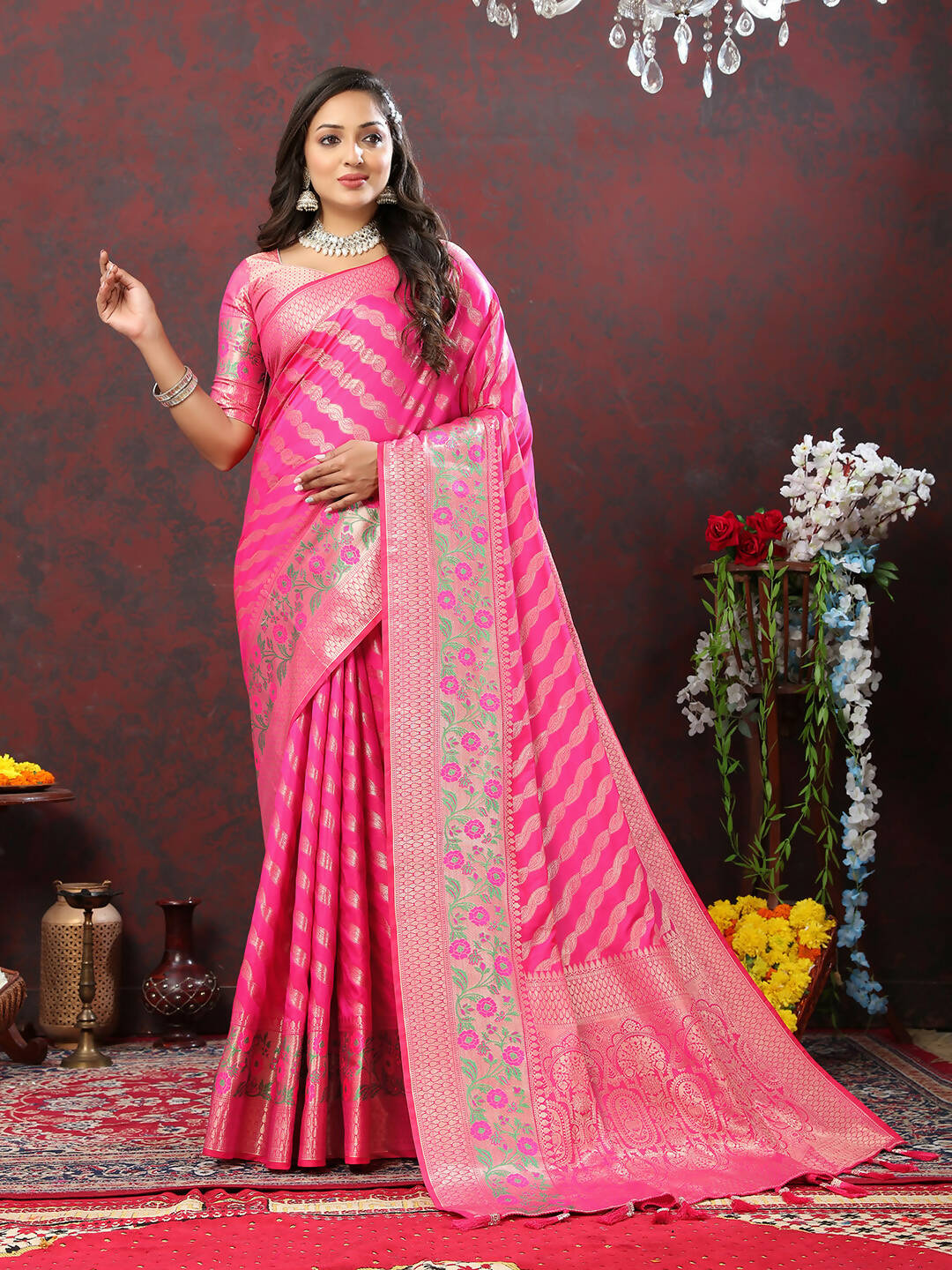 Lorenvalley Fashion Pink Soft Silk Woven Design with Zari Weaving Leheriya Design Saree - Distacart