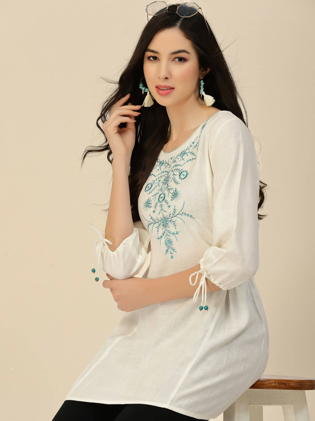 White Poly Rayon Floral Embroidered Top - Zeny - Distacart
