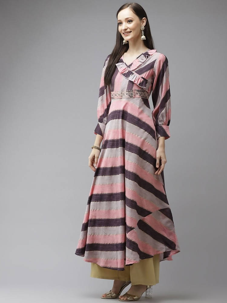Yufta Women Purple & Multicoloured A-Line Striped Kurta