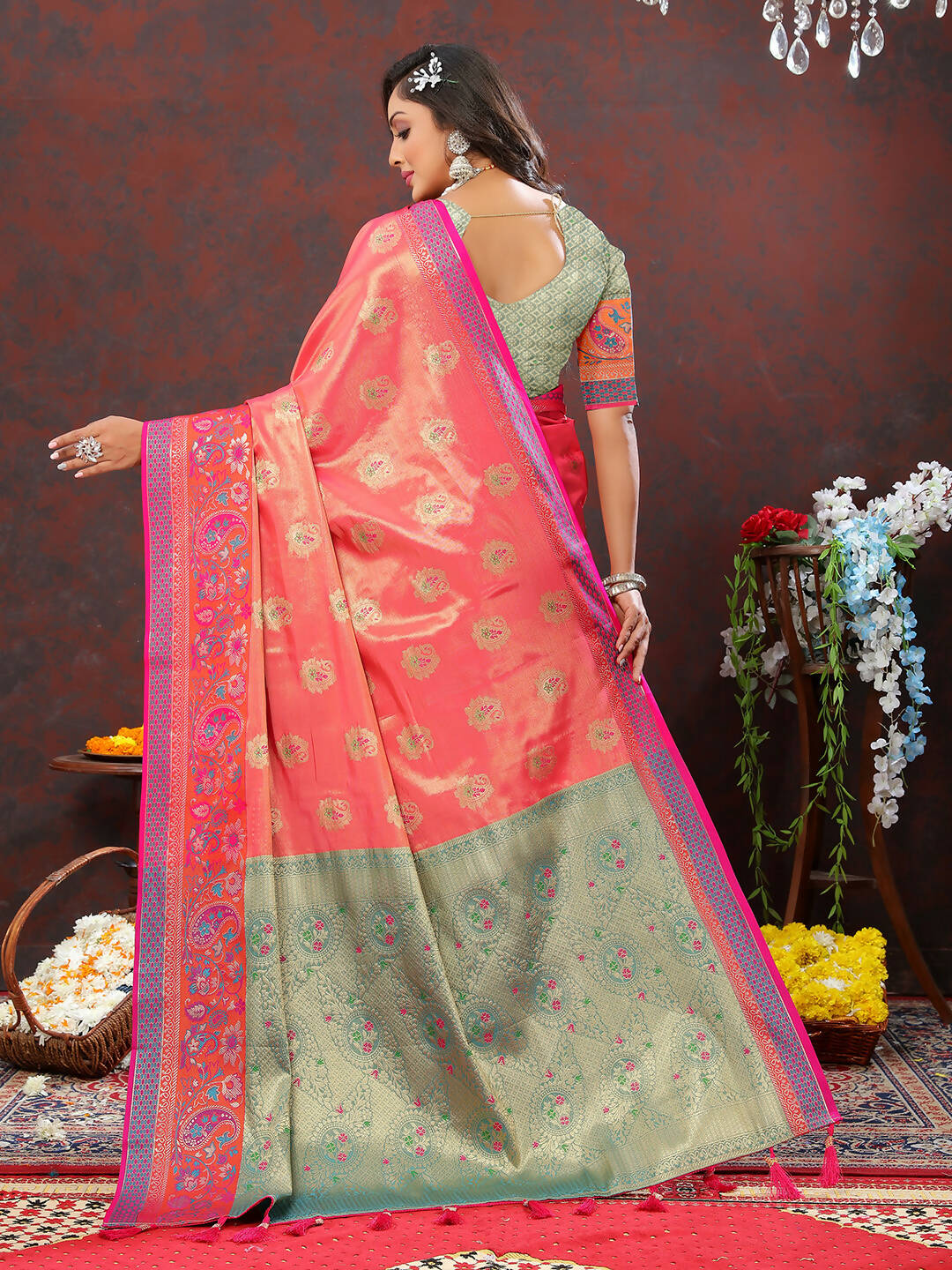 Lorenvalley Fashion Peach Kanjivaram Silk Woven Design with Zari Weaving Saree - Distacart