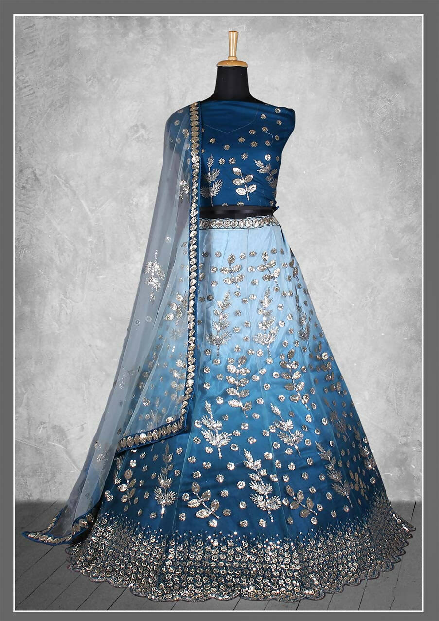 Blue Net Floral Sequins And Cord Embroidery, Cut Work Semi-Stitched Lehenga Choli - Nimaya Kangan - Distacart